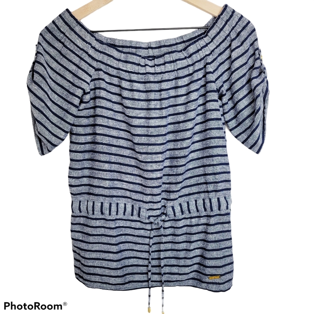 Ellen Tracy | Navy Peplum Off Shoulder Stripe Linen Blend Top